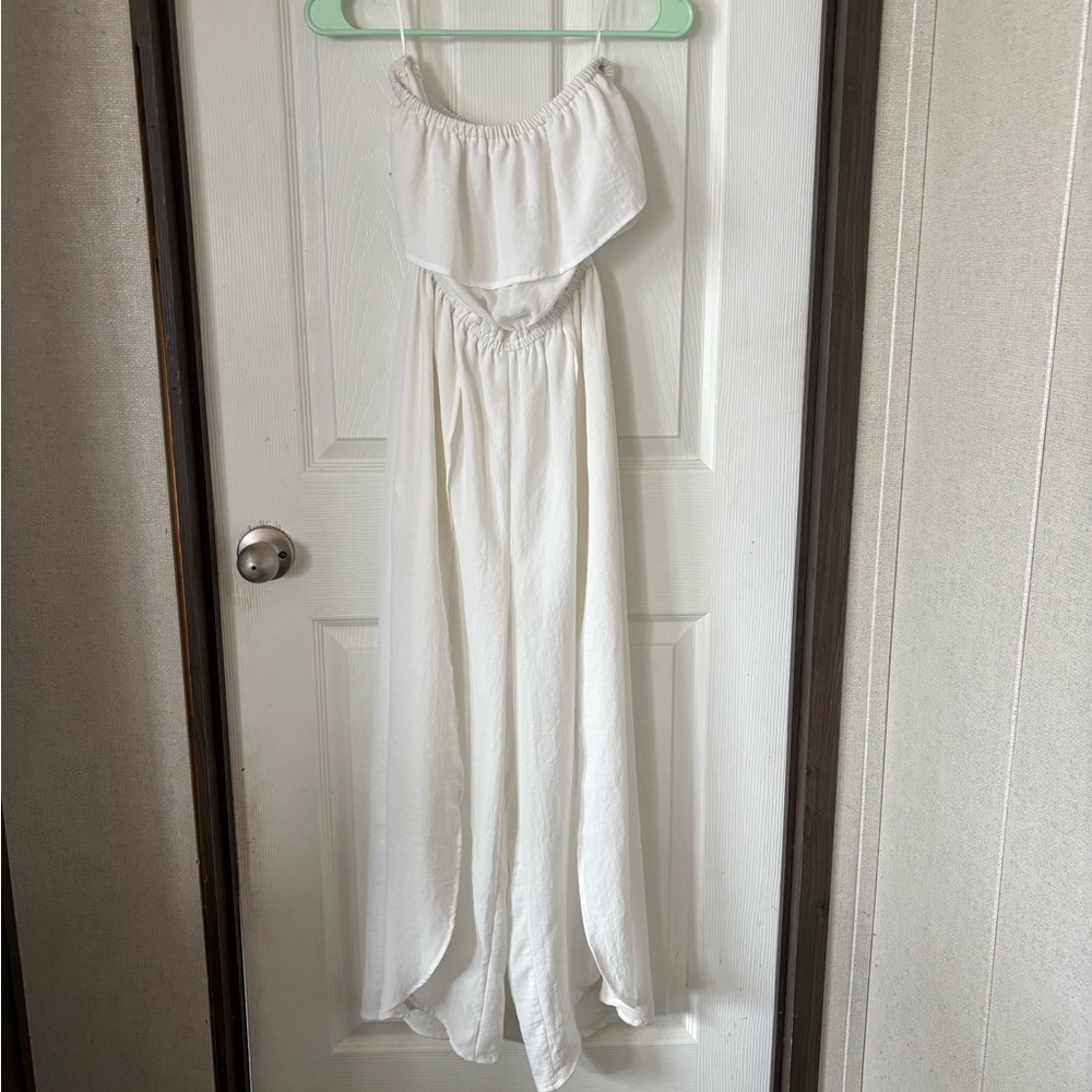 FAVLUX White Strapless Maxi Dress with Ruffle Overlay